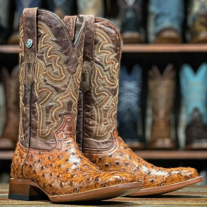 Tanner Mark Men's Broken Arrow Print Ostrich Square Toe Boots Cognac TM200961